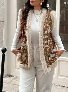 Vionelle Embroidered Patchwork With Furry Collar Retro Jacket, Plus Size, Autumn/Winter Fall - Brown - View 9