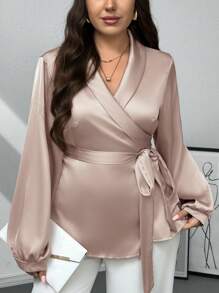 SHEIN Privé 大碼燈籠袖圍裹側打結襯衫 - 卡其色 - 查看 6