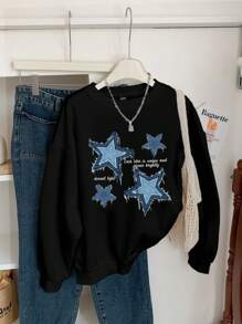 SHEIN EZwear 休閒極簡風藍色拼接星星印花黑色圓領長袖寬鬆大版女款運動衫套頭衫 - 黑色 - 查看 5