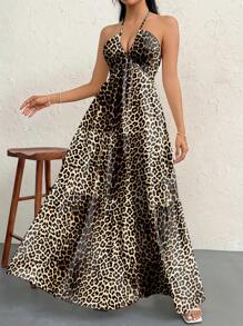 SHEIN Privé Women's Leopard Print Backless Long Dress,Dress,Floral Print Halter Neck A-Line Dress,Summer Long Dress, Seaside Long Dress, Women Long Dress, Backless Long Dress ,Hawaiian Long Dress For Daily,Parties,Dating,Wiesn Bierfest,Summer - Multicolor - View 4