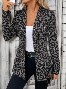 SHEIN Clasi Áo khoác blazer tay dài họa tiết da báo cài một hàng khuy dành cho nữ vào mùa thu/đông - Xám - Xem 1
