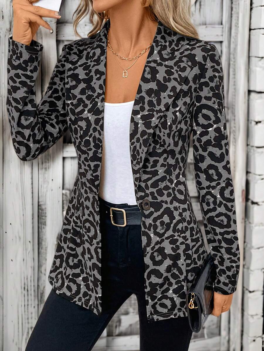 SHEIN Clasi Áo khoác blazer tay dài họa tiết da báo cài một hàng khuy dành cho nữ vào mùa thu/đông - Xám - Xem 1