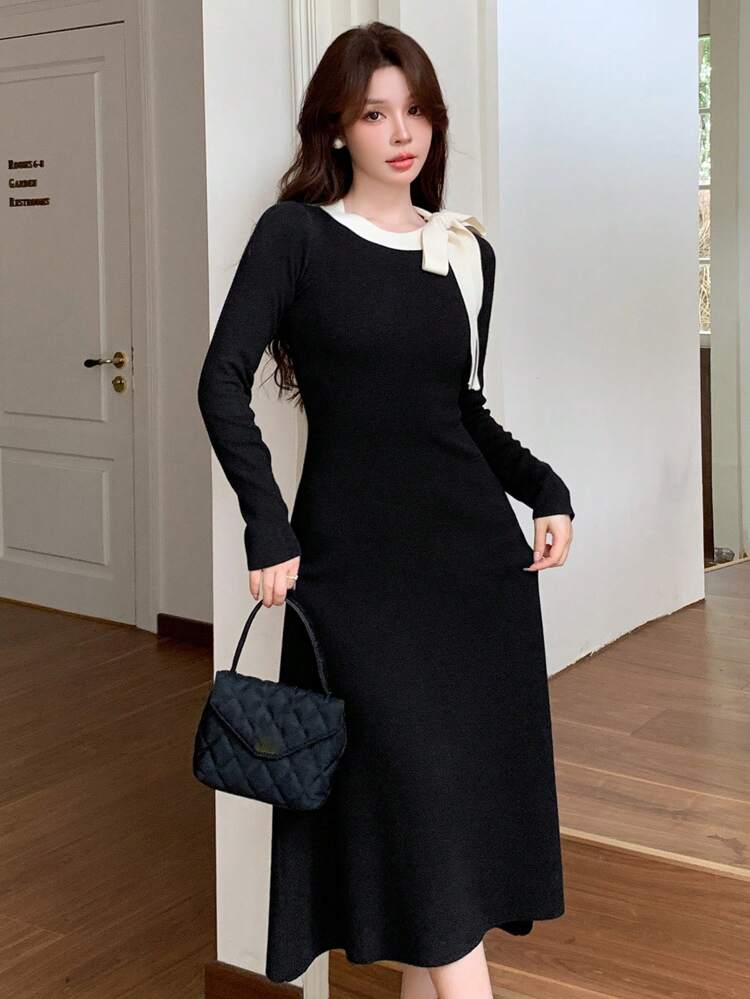 Women Contrast Collar Drawstring Sweater Dress,Fall Women Clothes Thermal Lined
