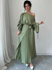 Rafferiza 女式斜领长袖收腰荷叶边下摆中长连衣裙女装 - 綠色 - 查看 6