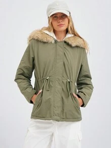 SHEIN EZwear 秋冬季毛领防水束腰绿色派克大衣夹棉外套 - 軍綠色 - 查看 5