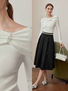 MOTF PREMIUM OFF SHOULDER FAUX PEARL RIBBED SWEATER - White - View 8