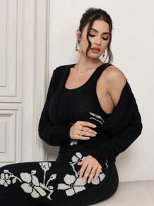 Modelyn 2pcs Women Floral Print Crew Neck Sleeveless Dress & Solid Color Long Sleeve Cardigan Sweater Set
