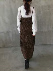 FRIFUL 女式夏季豹纹系腰长款休闲吊带连衣裙，返校服 - 棕色 - 查看 4