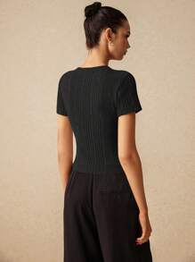 Poéselle 秋季修身不对称罗纹短袖女式 T 恤，带开衩下摆设计，短袖衬衫，圆领，紧身短袖衬衫，T 恤，秋季女式上衣，万圣节衬衫，外出服装