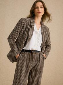 Poéselle 时尚卡其色复古休闲格纹西装外套，适合多种场合，长袖西装外套，配有隐形衬里和口袋，适合办公室和休闲场合，量身定制的剪裁，永恒的图案，现代风格，适合有抱负的职业女性，可选择搭配格纹西装裤，2024 秋冬