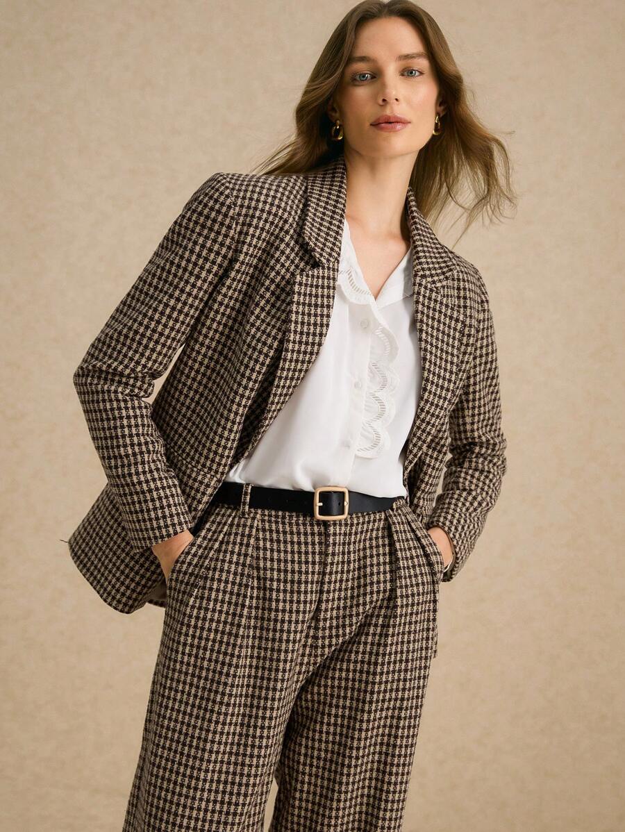 Poéselle 时尚卡其色复古休闲格纹西装外套，适合多种场合，长袖西装外套，配有隐形衬里和口袋，适合办公室和休闲场合，量身定制的剪裁，永恒的图案，现代风格，适合有抱负的职业女性，可选择搭配格纹西装裤，2024 秋冬