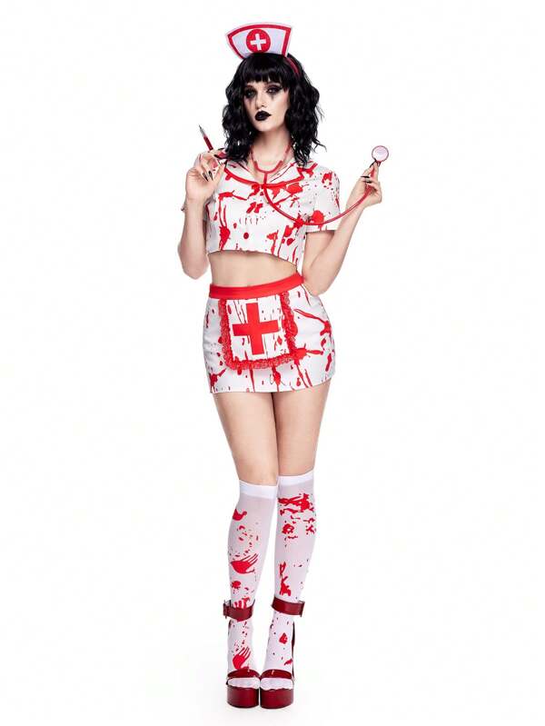 ROMWE Avant Halloween Nurse Cosplay Costume Set - Bloody Cross Print Sexy Blouse & Mini Skirt Roleplay Outfit For Women
