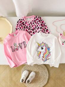 Genkimix Kids 3 件套年轻女孩豹纹 T 恤，可爱彩虹独角兽和豹纹图案组合上衣，长袖圆领 T 恤，适合日常穿着或秋冬季分层穿着 - 粉色 - 查看 1