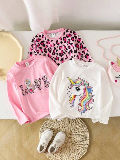 Genkimix Kids 3 件套年轻女孩豹纹 T 恤，可爱彩虹独角兽和豹纹图案组合上衣，长袖圆领 T 恤，适合日常穿着或秋冬季分层穿着