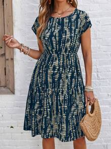 EMERY ROSE Women Tie-Dye Print Batwing Sleeve Ruffle Trim Casual Vacation Dress