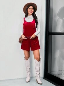 SHEIN LUNE 女士休闲酒红色天鹅绒扭纹前开襟连体裤 - 酒紅色 - 查看 1