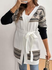 SHEIN LUNE Geometric Print Color Block Waist Belt Cardigan Fall Cloth For Women - Multicolor - View 6