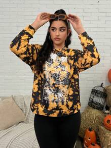 Deniart Artist Plus Size Women's Casual Long Sleeve Crew Neck Tie-Dye Loose Sweatshirt, For Halloween, For Holiday, Vacation, Festival, For Workout, Ibiza Fits, Western Wear