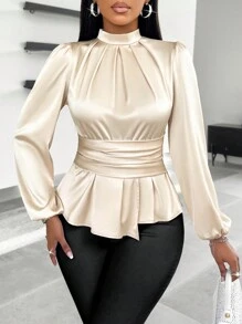 SOLERSUN Women's Casual High Neck Peplum Waist Satin Blouse Peplum Top Fall Cloth For Women - Apricot - View 3