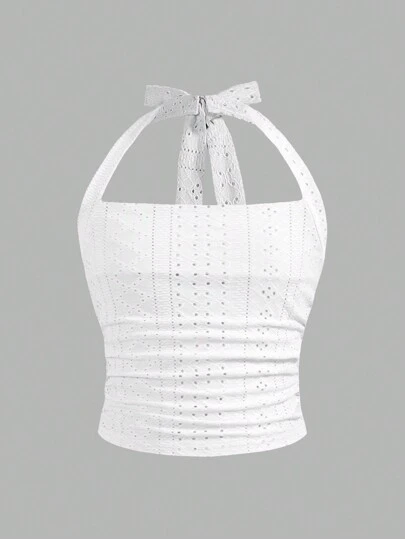 SHEIN Girlism Tween Girl Casual Solid Color Knitted Halter Crop Top