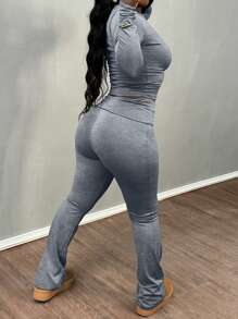 Women Casual Versatile Long Sleeve T-Shirt And Pants Set - 灰色 - 查看 2