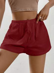 Muchica 女士纯色抽绳腰宽松休闲短裤 - 紅色 - 查看 4