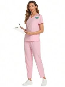 Short-Sleeved Scrubs Uniform Set With Notched V-Neck And Pants - Baby Pink - View 4