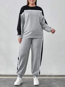 EURMUSE Cotton Plus Size Colorblock Detail Sweatshirt + Sweatpants Set - Grey - View 5