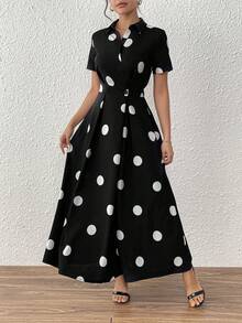 SHEIN Clasi Elegant Polka Dot Print Button Design Dress, Summer - Black and White - View 5