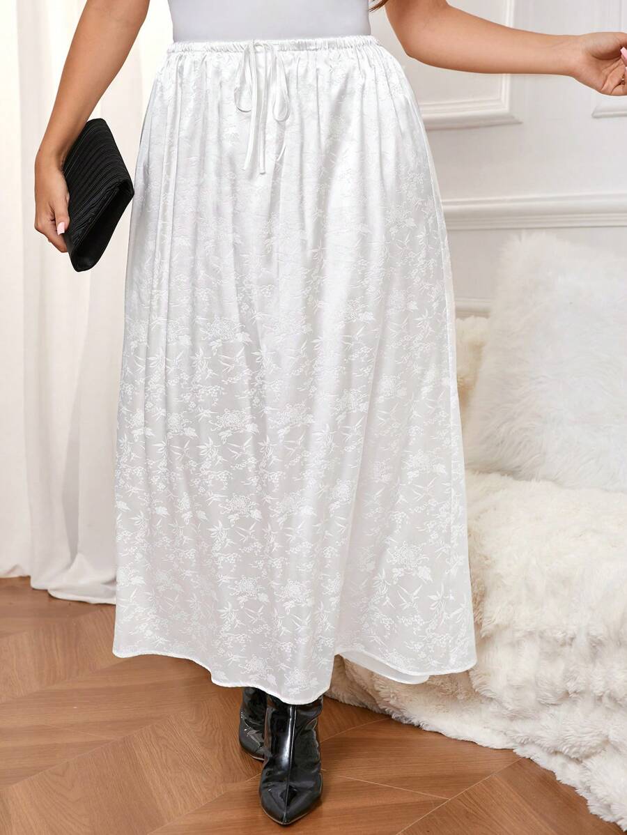 SHEIN Frenchy Plus Size Elegant Floral Jacquard Skirt, Spring Autumn - White - View 1