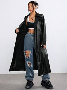 Muchica 女士冬季街头服饰音乐节皮革系带宽松长款外套 - 黑色 - 查看 7