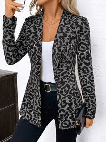 SHEIN Clasi Áo khoác blazer tay dài họa tiết da báo cài một hàng khuy dành cho nữ vào mùa thu/đông - Xám - Xem 7