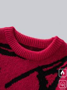 Chillumni 男士休闲宽松圆领长袖针织毛衣，秋冬款，男士图案毛衣，男士红色毛衣，男士针织毛衣，男士套头毛衣，男士冬季毛衣 - 紅色 - 查看 5