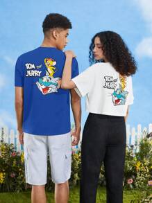 TOM & JERRY X SHEIN Nam Phim hoạt hình và chữ cái In Ngắn tay Áo thun - Xanh đậm - Xem 5