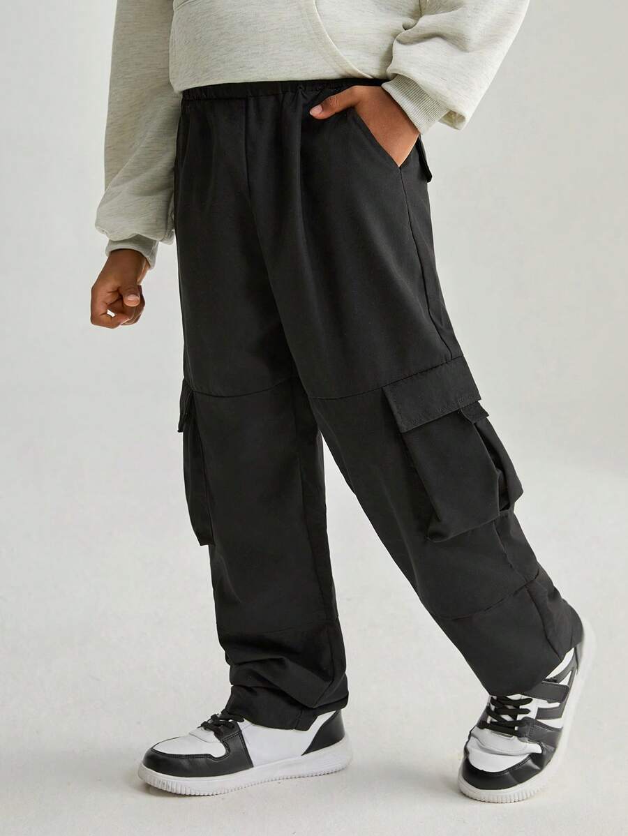 SHEIN Casual Multi-Pocket Cargo Pants For Tween Boys - Black - View 1