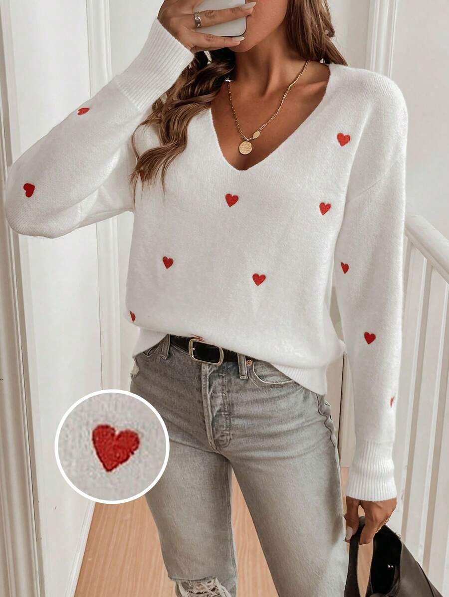 EMERY ROSE Casual Heart Pattern Dolman Sweater, Spring & Fall,Long Sleeve Tops, Knit Pullover Fall Winter - White - View 1