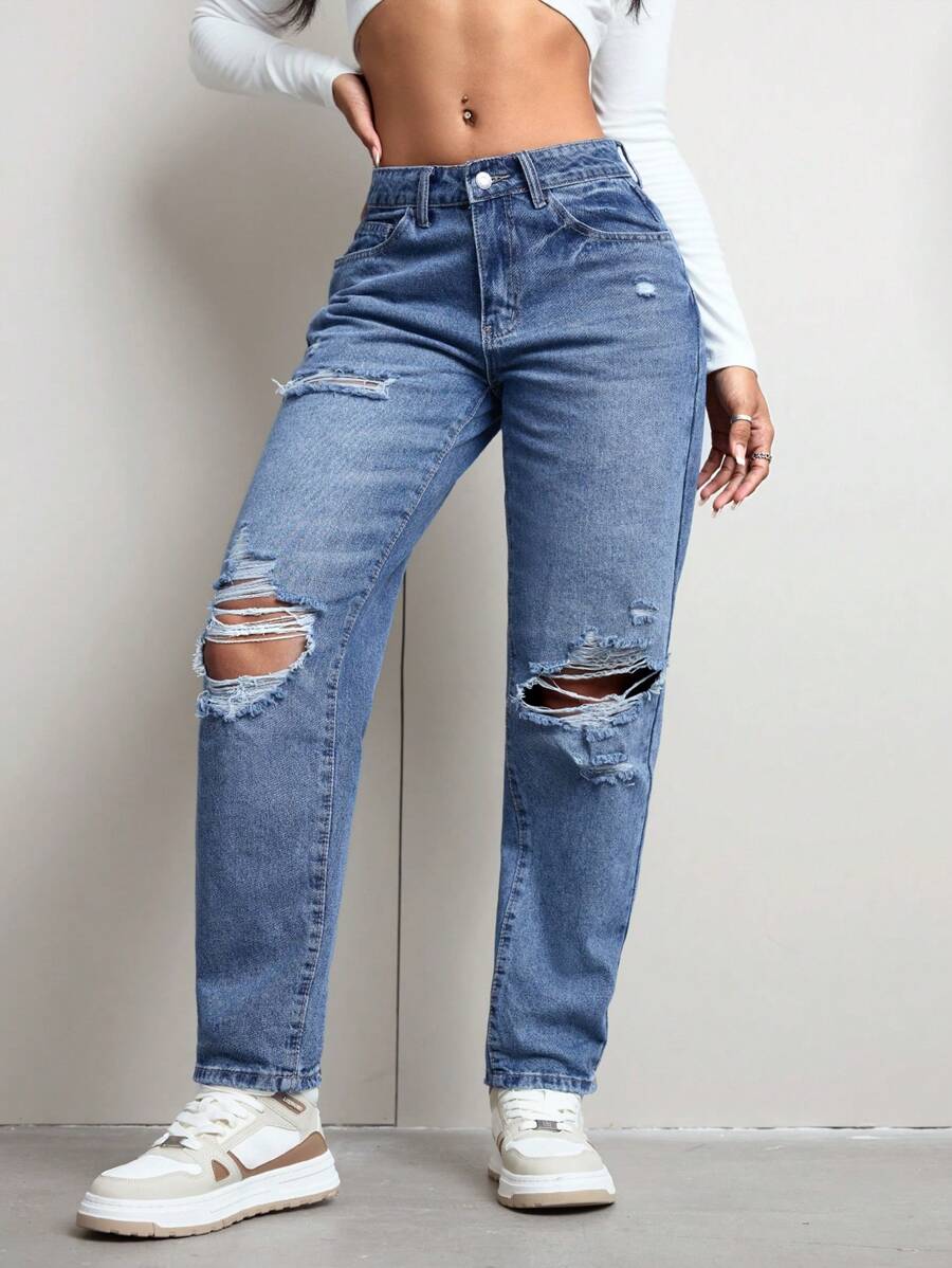 SHEIN EZwear Women's Pockets Distressed Straight Loose Casual Versatile Jeans - Medium Wash - View 1