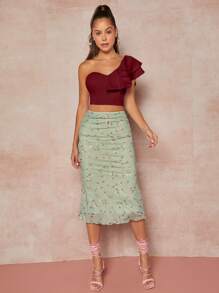 L'Amorae Áo Crop Top Tay Phồng Một Bên Vai - Màu Đỏ Sâu - Xem 4