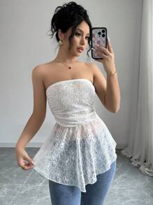 Chiquease Women's White Lace Ruffle Hem Bandeau Top