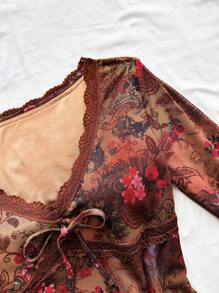 Soleia Đầm ngắn tay dài in họa tiết lưới cổ chữ V họa tiết cổ điển cho nữ, phù hợp với phong cách Hippie, lễ hội âm nhạc, tiệc tùng - Nhiều màu - Xem 2