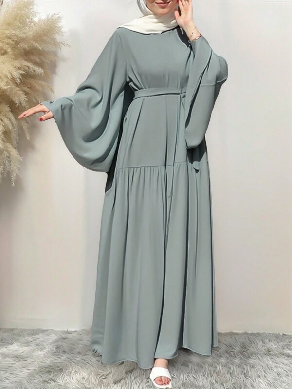 Women's Solid Color Round Neck Belted Elegant Long Sleeve Abaya, Modest
