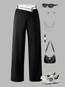 Locker sitzende Freizeithose mit Farbblock-Taille und weitem Bein für Tween Mädchen