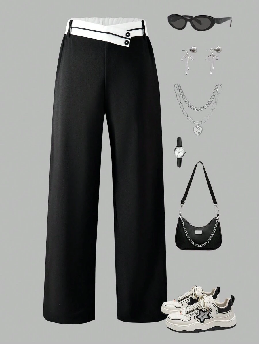 Locker sitzende Freizeithose mit Farbblock-Taille und weitem Bein für Tween Mädchen