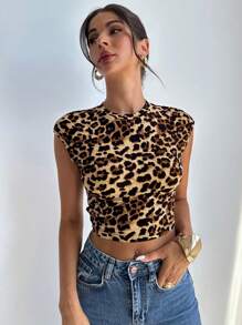 Firerie 纯色豹纹扭纹露背上衣短款 T 恤