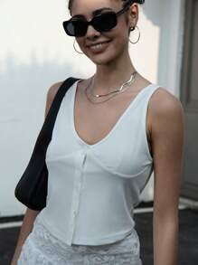 SHEIN ICON Damen ärmeloses Tanktop mit Knöpfen, unifarben, Lässig - Weiss - Übersicht 5
