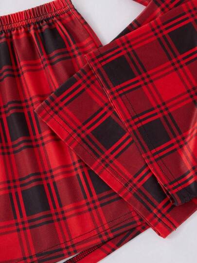 Set: Spaghetti Strap Top, Bow Plaid Printed Shorts Pants, view 6