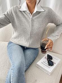 EMERY ROSE Women's Solid Color Raglan Sleeve Long Sleeve Casual Cardigan, Autumn/Winter Fall Cloth For Women - Grey - View 4