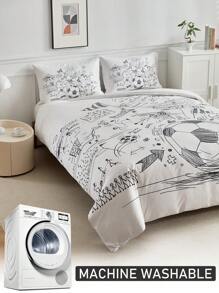 3pcs Graffiti Football Match Pattern Digital Print Bedding Set, Cute Campus Style Bedding Set Suitable For Students And Teenagers Back To School Season, All Season, Soft And Breathable, Machine Washable (1 Duvet Cover + 2 Pillowcases) - Black and White - View 5