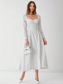 Enchnt 女士纯色心形领长袖优雅连衣裙，春夏 - 白色 - 查看 1