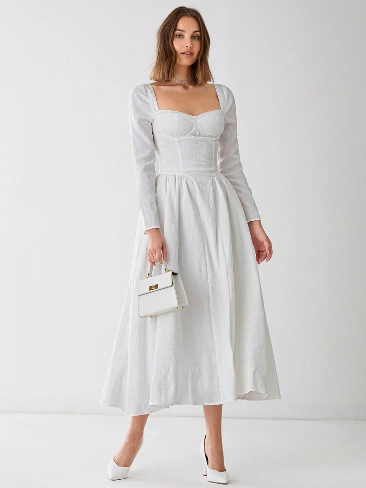 Women's Solid Sweetheart Collar Long Sleeve Elegant Dress, Spring & Summer